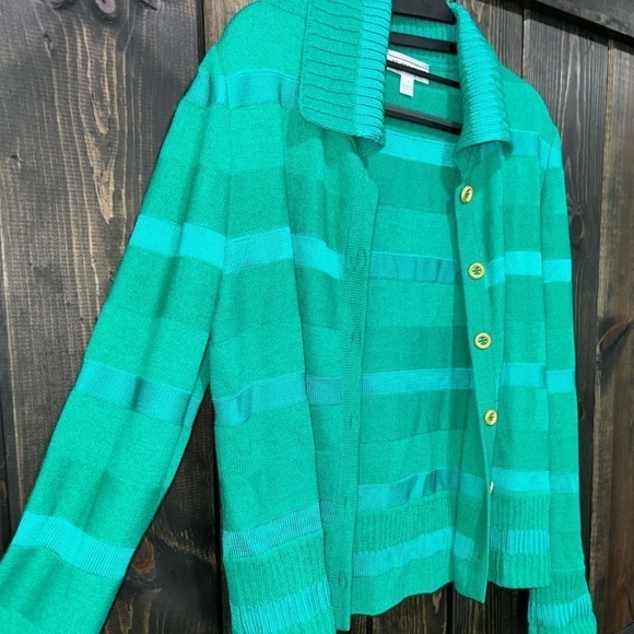 St John Cardigan Sweater Size S Button Front Wool Blend Green Striped Vtg Y2K - Picture 3 of 9